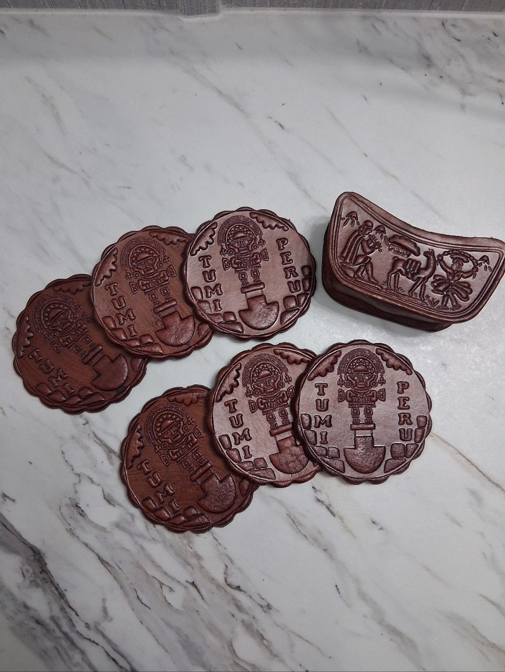 Vintage Hand-tooled Leather Coasters From Peru Artisan Handmade Set Of Six